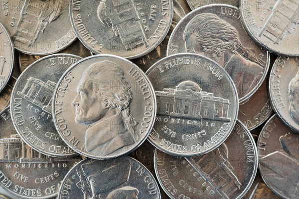 Close up of US coins, studio shot.