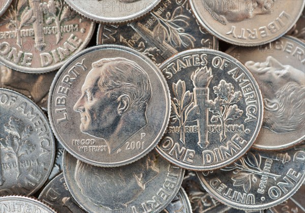 Close up of US coins, studio shot.