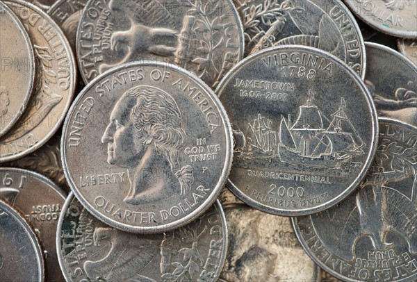 Close up of US coins, studio shot.