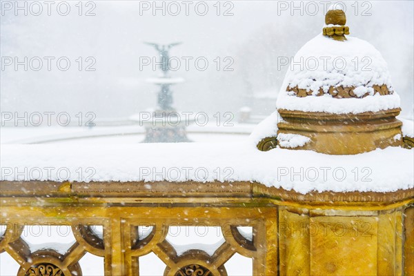 Central Park, Bethesda Fountain covered with snow in winter. USA, New York State, New York.