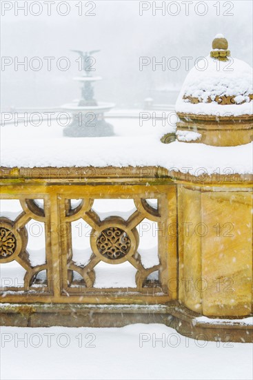 Central Park, Bethesda Fountain covered with snow in winter. USA, New York State, New York.