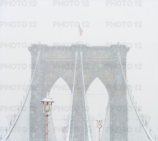 Brooklyn Bridge in winter. USA, New York State, New York.