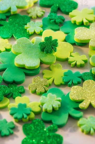 Studio Shot of green foam clovers