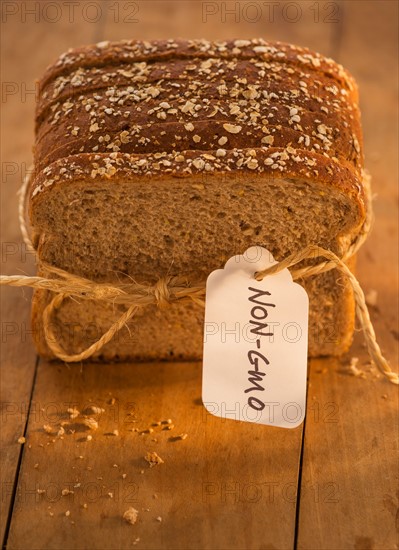 Studio Shot of bread slices tied with string