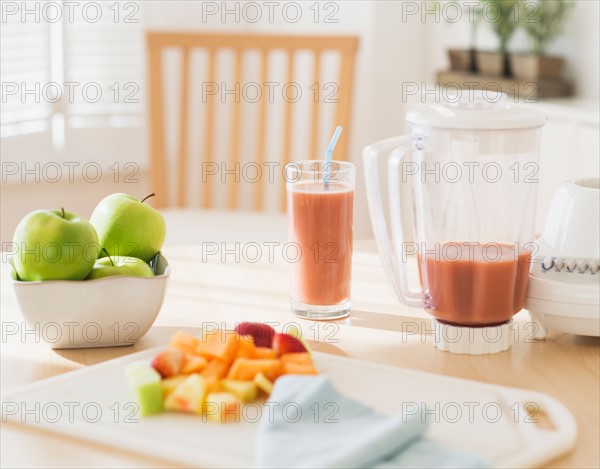 View of fruits and smoothie