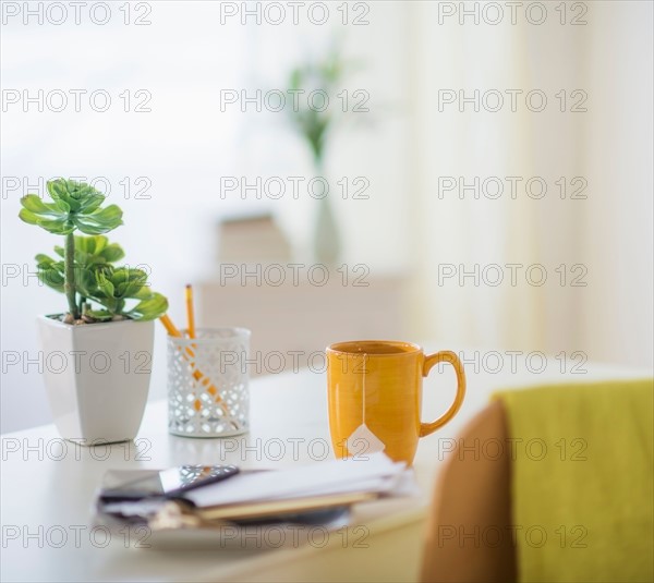 View of mug, flower pot, mobile phone and paper on table