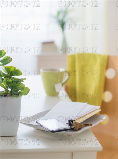 View of mug, flower pot, mobile phone, key and paper on table