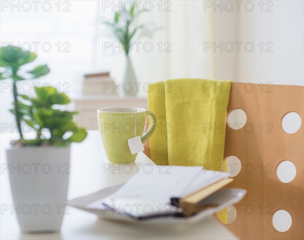 View of mug, flower pot, mobile phone, key and paper on table