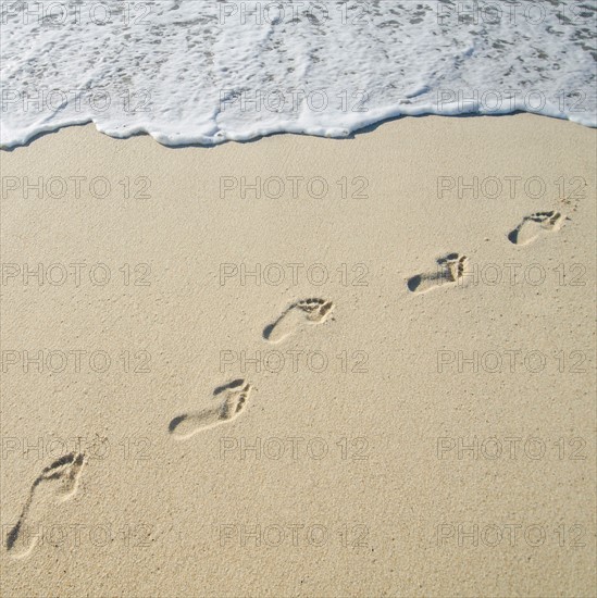 Footprints on Sandy Beach leading into sea