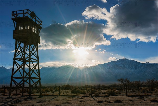 View at Manzanar Historic Site with silhouette of watchtower