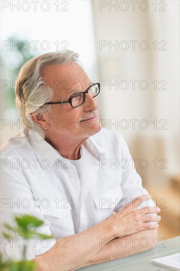 Portrait of senior man sitting at desk.