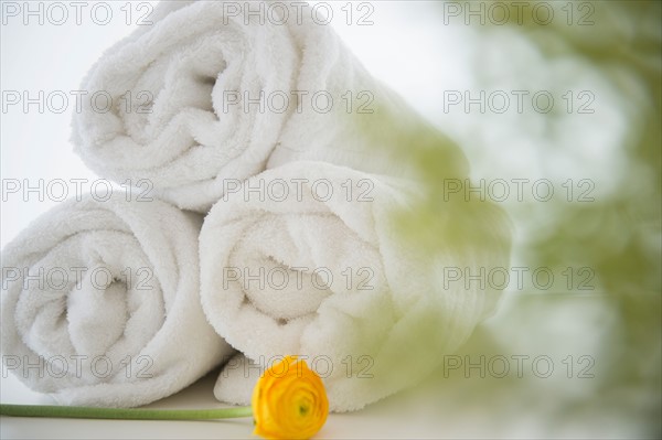 Studio Shot of rolled up towels with yellow flower