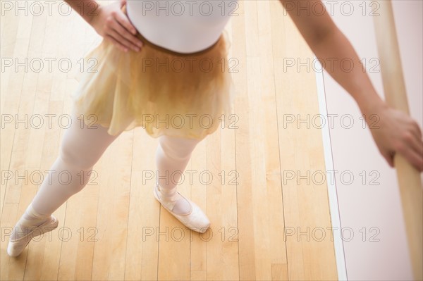 Portrait of teenage (16-17) ballet dancer standing in ballet position at barre