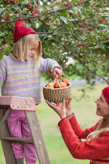Mother and daughter picking up apples