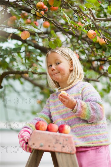 Girl (2-3) tasting apple