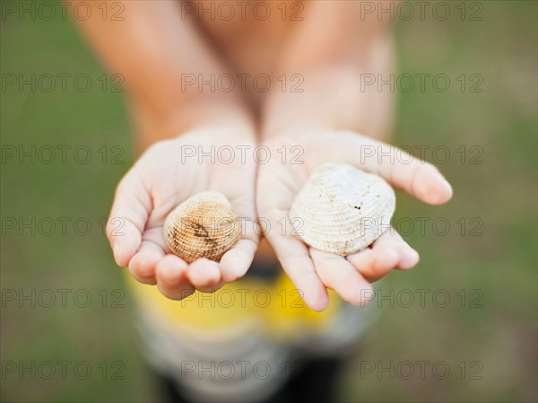 Boy (8-9) holding two shells