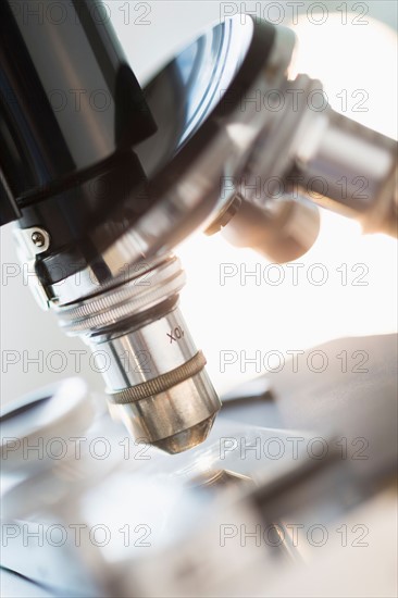 Studio shot of microscope, close-up.