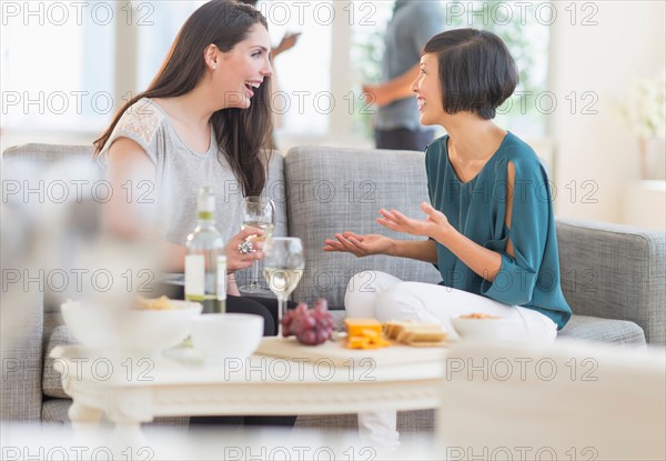 Two friends sitting on sofa and talking.