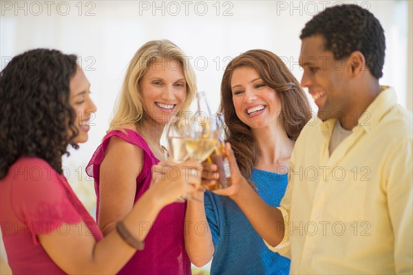 Friends making toast at party.