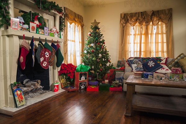 Living room decorated for Christmas