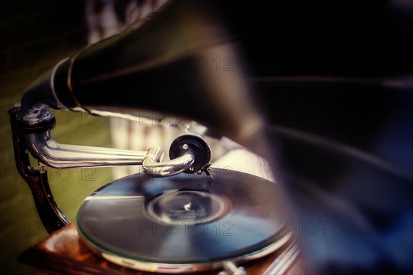 Studio close-up of record player.