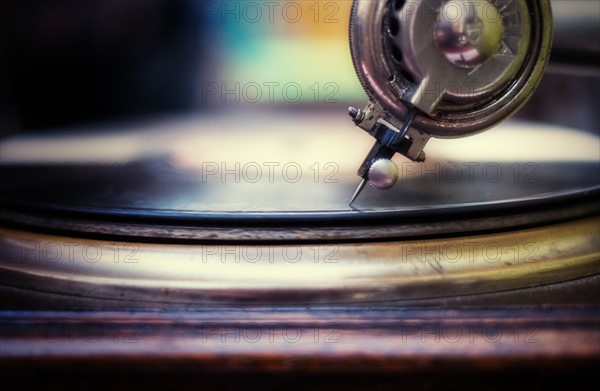 Studio close-up of record player.