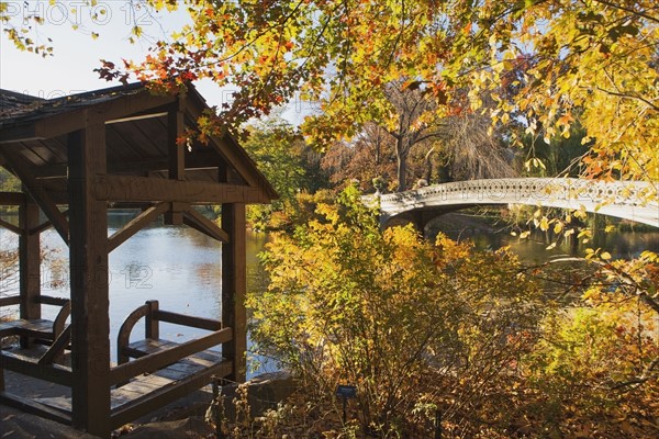 Footbridge over lake in Central Park. USA, New York State, New York City.
Photo : fotog