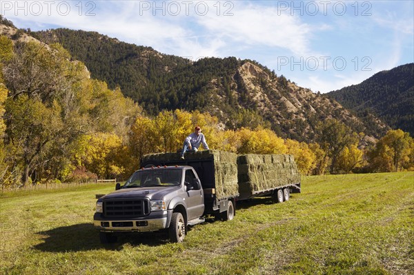 Rancher with bales of hay on his truck. USA, Western Colorado.
Photo : Kelly