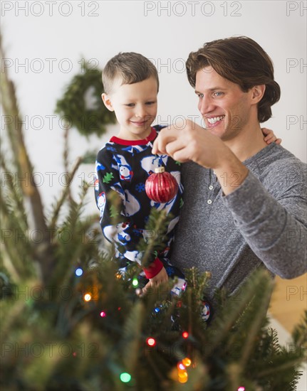 Man with kid (6-7) decorating Christmas tree.
Photo : Daniel Grill