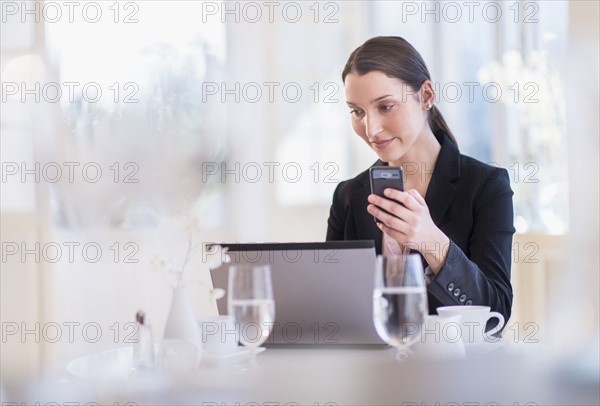 Businesswoman working on laptop in restaurant.