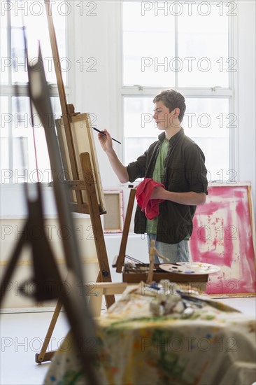 Teenage boy (16-17) painting picture.