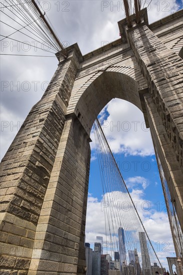 Low angle view of Brooklyn Bridge.