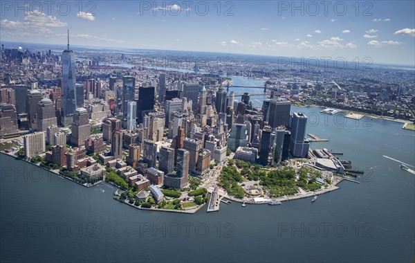 Aerial view of Manhattan and New York City skyline.