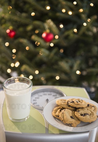 Studio Shot of cookies and milk on bathroom scale.
Photo : Jamie Grill