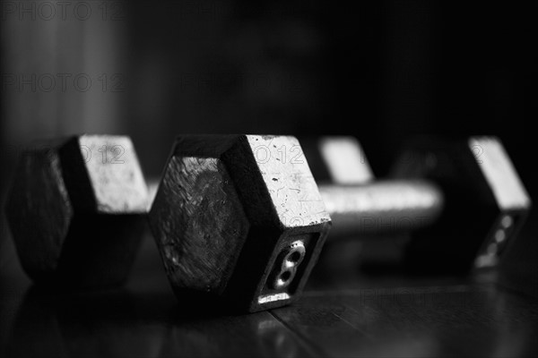 Close-up of dumbbells.
Photo : Maisie Paterson