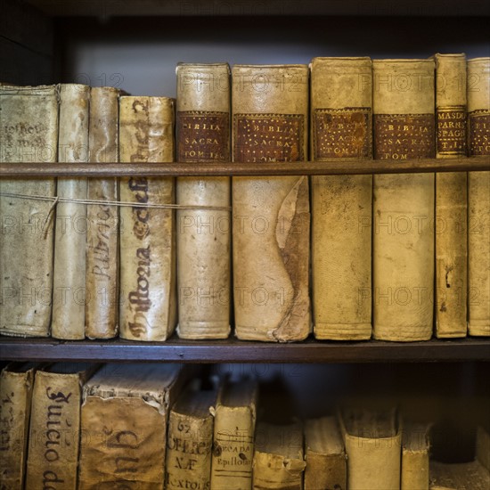 Spain, Mallorca, Monastery in Valldemossa, Books in library. Valldemossa, Mallorca, Spain.