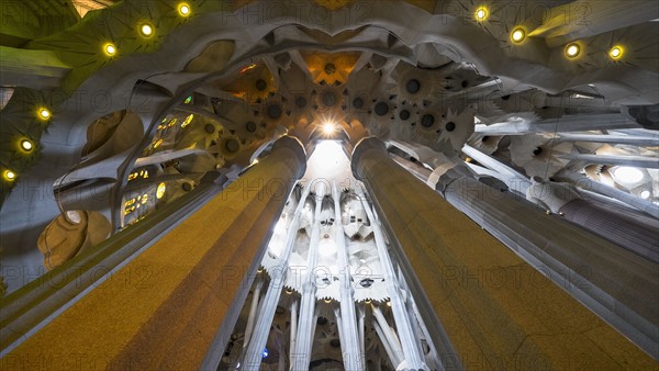 Interior of Sagrada Familia Church by Antonio Gaudi. Barcelona, Spain.