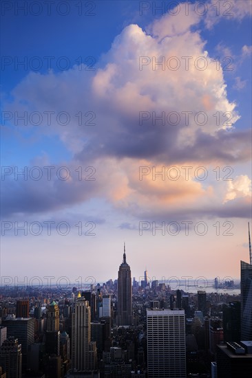 City skyline at dusk. New York City, New York.