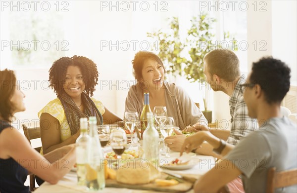 Group of friends enjoying dinner party.