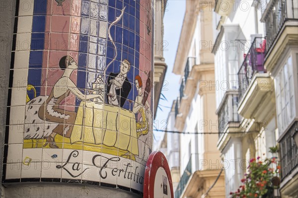 Close up of mosaic picture on wall. Cadiz, Spain.