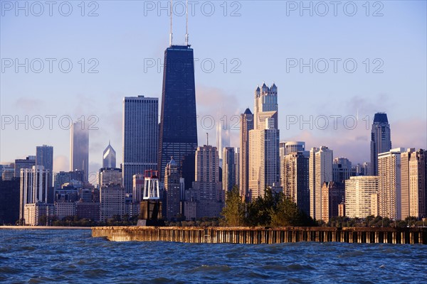 Skyscrapers and historical lighthouse seen from Lake Michigan