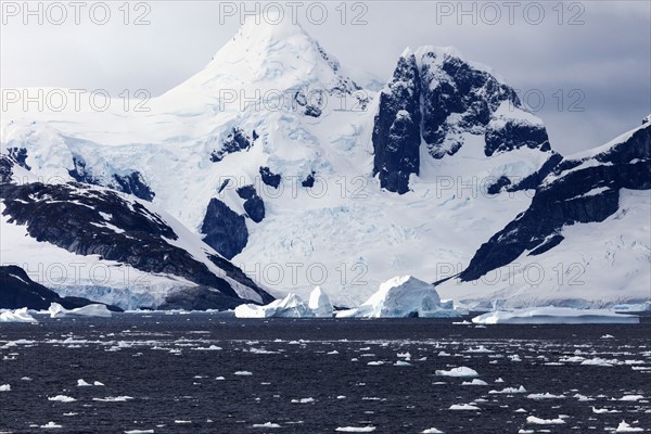Snowcapped rock and ice floes