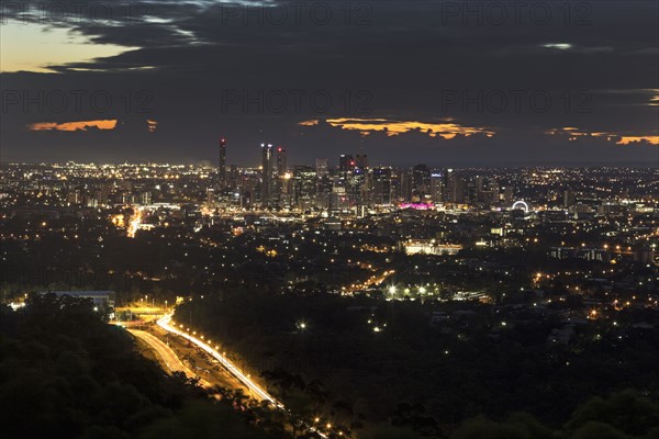 Aerial view of cityscape at sunrise