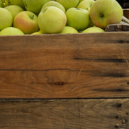 Green apples in crate.