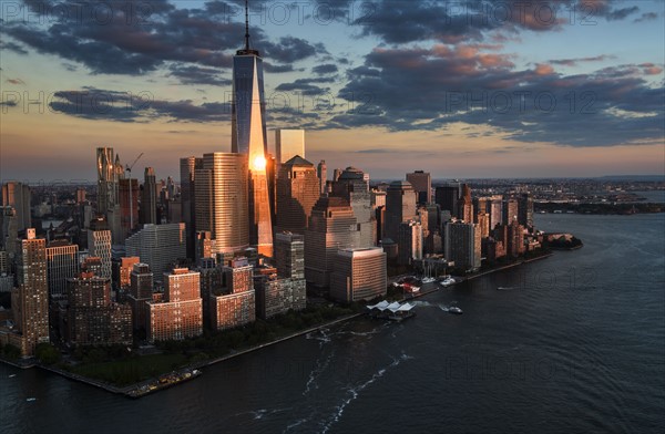 Aerial view of city with Freedom tower at night. New York City, New York.