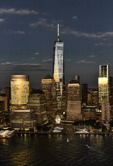 Aerial view of city with Freedom tower at night. New York City, New York.