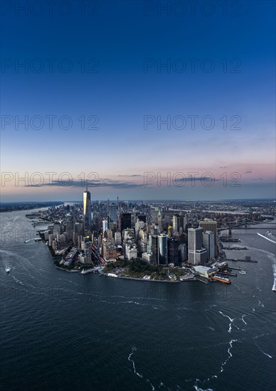 Aerial view of city with Freedom tower at night. New York City, New York.