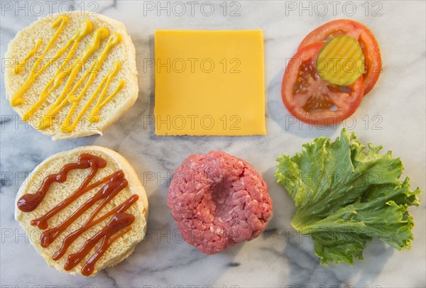 Close-up shot of hamburger ingredients in rows on table