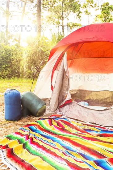 Sleeping bags in front of tent