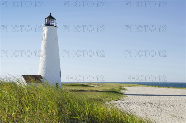 Great Point Lighthouse on overgrown beach against clear sky